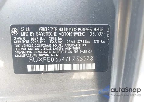 2007 BMW X5 4.8I from USA, damaged, VIN 5UXFE83547LZ38978